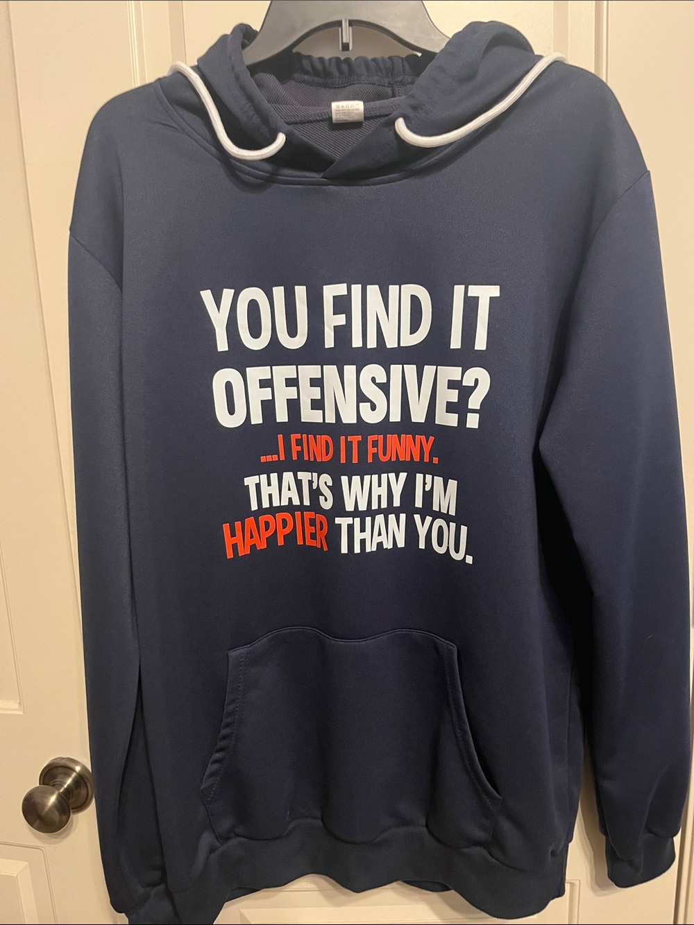 Source Unknown Navy Crewneck Hoodie with Bold White and Red Slogan